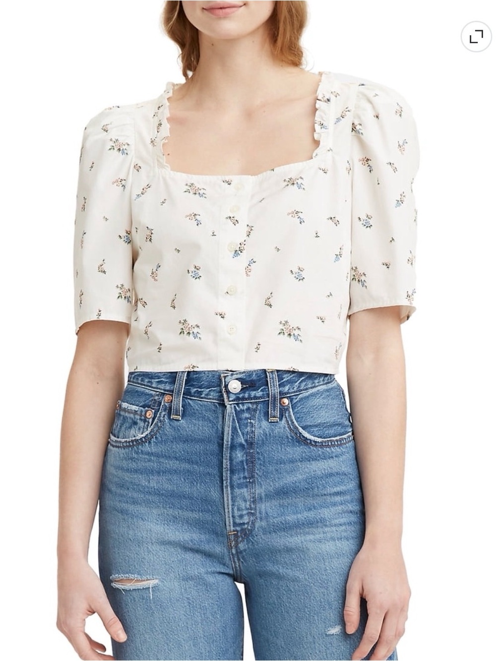 0351 - Levi's Cream Floral Square-Neck Puff Sleeve Crop Blouse